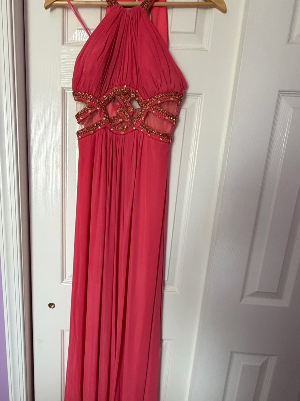 Coral Pink Beaded Halter Evening Gown